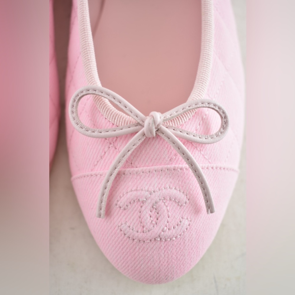 Chanel 26P Light Pink Denim Quilted CC Logo Bow Tie Ballet Ballerina Flat 39 - Picture 7 of 16